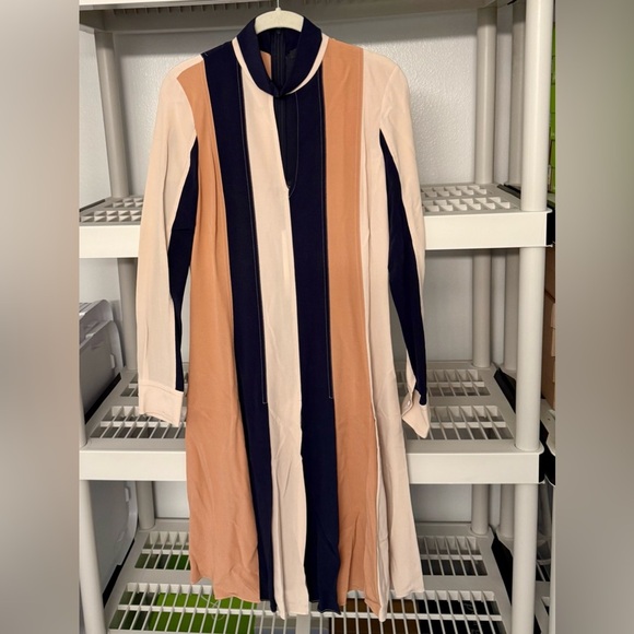 Derek Lam Silk Knee Length Mock Neck Striped Pleated Long Sleeves Keyhole Size 6 - Picture 6 of 12